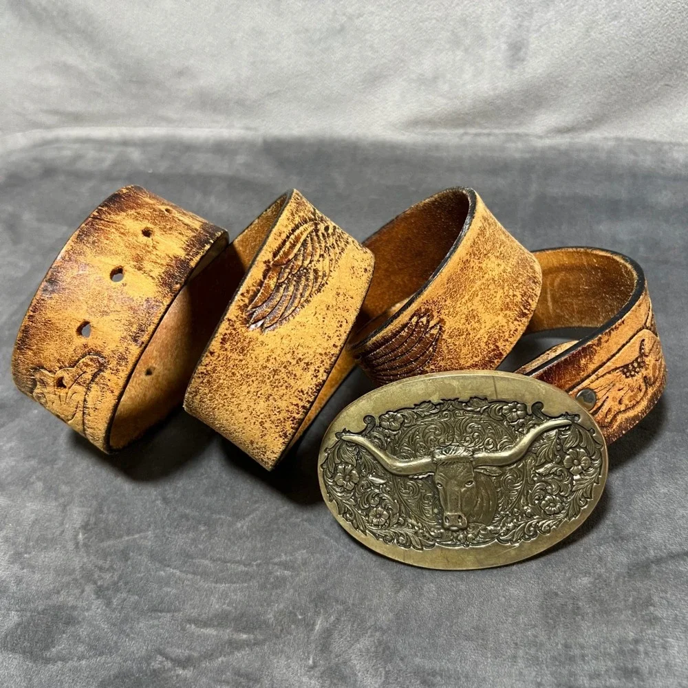 Vintage ADM Longhorn Brass Buckle Tooled Leather Belt 38 USA Eagle